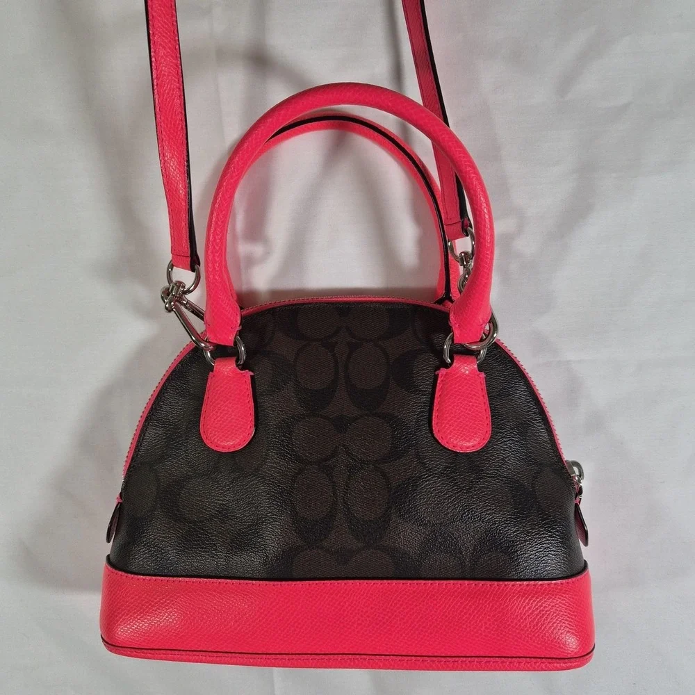 Coach Signature Dome Satchel‎ Bag Brown Pink Leather Crossbody Purse
